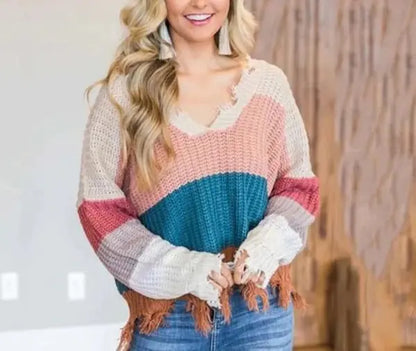 Irregular V-Neck Loose Knit Sweater for Women