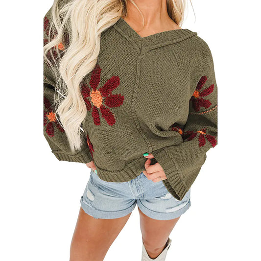 Floral V-Neck Knit Pullover