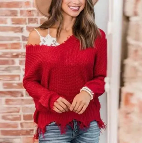 Irregular V-Neck Loose Knit Sweater for Women