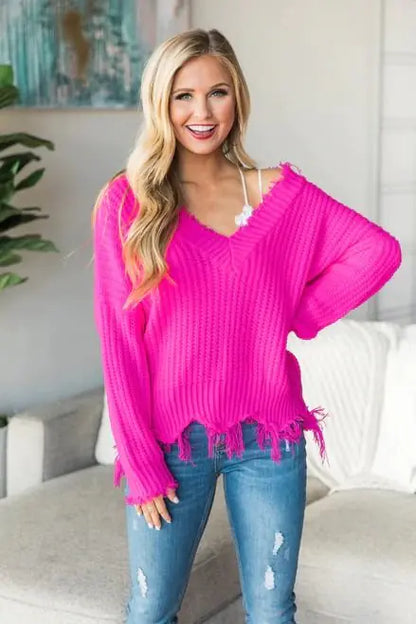 Irregular V-Neck Loose Knit Sweater for Women