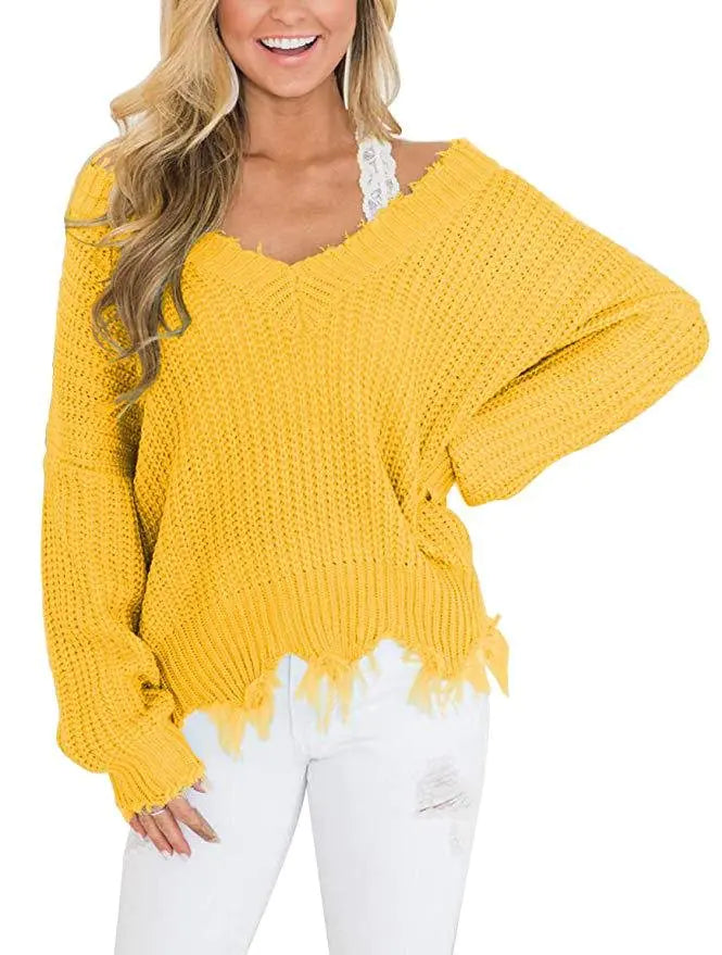 Irregular V-Neck Loose Knit Sweater for Women