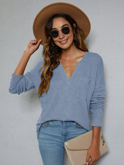 Casual V-neck Long-sleeved Knitted Sweater for Women